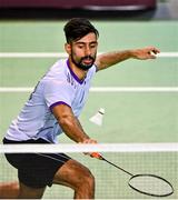 17 November 2021; Rohan Midha of England in action against Long Nguyen of Ireland during their men's singles qualification match during the AIG FZ Forza Irish Open 2021 at the National Indoor Arena in Dublin. Photo by Harry Murphy/Sportsfile