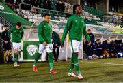 16 November 2021; Republic of Ireland players, from right, Joshua Ogunfaolu-Kayode, Tyreik Wright and Lee O'Connor before the UEFA European U21 Championship qualifying group A match between Republic of Ireland and Sweden at Tallaght Stadium in Dublin. Photo by Seb Daly/Sportsfile