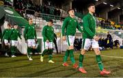 16 November 2021; Republic of Ireland players, from right, Mark McGuinness, Jake O'Brien, Gavin Kilkenny, Will Smallbone, Ross Tierney and Joel Bagan before the UEFA European U21 Championship qualifying group A match between Republic of Ireland and Sweden at Tallaght Stadium in Dublin. Photo by Seb Daly/Sportsfile