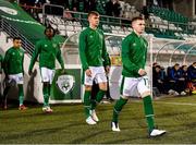 16 November 2021; Republic of Ireland players, from right, Ross Tierney, Joel Bagan, Joshua Ogunfaolu-Kayode and Tyreik Wright before the UEFA European U21 Championship qualifying group A match between Republic of Ireland and Sweden at Tallaght Stadium in Dublin. Photo by Seb Daly/Sportsfile