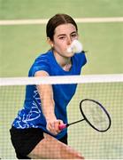 17 November 2021; Neasa Flynn of Ireland in action against Elena Lorenzo of Spain during their women's singles qualification match in the AIG FZ Forza Irish Open 2021 at the National Indoor Arena in Dublin. Photo by Harry Murphy/Sportsfile