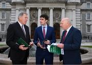 17 November 2021; Minister of State for Sport, the Gaeltacht & Defence, Jack Chambers TD, with FAI Board Member Packie Bonner, left, and FAI President Gerry McAnaney, right, at the launch of the 2021 edition of the Social Return On Investment Model, supported by Uefa Grow on behalf of the FAI, which will highlight the billion Euro plus impact of participation in grassroots football on Irish society, at the Department of the Taoiseach in Dublin. Photo by Stephen McCarthy/Sportsfile
