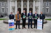 17 November 2021; From left, FAI Grassroots Director Ger McDermott, Substance CEO Tim Crabbe, FAI Board Member Packie Bonner, Minister of State for Sport, the Gaeltacht & Defence, Jack Chambers TD, FAI President Gerry McAnaney and UEFA Strategic Development Manager Liam McGroarty at the launch of the 2021 edition of the Social Return On Investment Model, supported by Uefa Grow on behalf of the FAI, which will highlight the billion Euro plus impact of participation in grassroots football on Irish society, at the Department of the Taoiseach in Dublin. Photo by Stephen McCarthy/Sportsfile