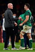 13 November 2021; Ireland forwards coach Paul O'Connell, left, and Caelan Doris celebrate after the Autumn Nations Series match between Ireland and New Zealand at Aviva Stadium in Dublin. Photo by Brendan Moran/Sportsfile