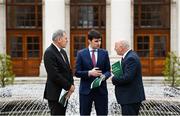 17 November 2021; Minister of State for Sport, the Gaeltacht & Defence, Jack Chambers TD, with FAI Board Member Packie Bonner, left, and FAI President Gerry McAnaney, right, at the launch of the 2021 edition of the Social Return On Investment Model, supported by Uefa Grow on behalf of the FAI, which will highlight the billion Euro plus impact of participation in grassroots football on Irish society, at the Department of the Taoiseach in Dublin. Photo by Stephen McCarthy/Sportsfile