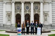 17 November 2021; From left, FAI Grassroots Director Ger McDermott, Substance CEO Tim Crabbe, FAI Board Member Packie Bonner, Minister of State for Sport, the Gaeltacht & Defence, Jack Chambers TD, FAI President Gerry McAnaney and UEFA Strategic Development Manager Liam McGroarty at the launch of the 2021 edition of the Social Return On Investment Model, supported by Uefa Grow on behalf of the FAI, which will highlight the billion Euro plus impact of participation in grassroots football on Irish society, at the Department of the Taoiseach in Dublin. Photo by Stephen McCarthy/Sportsfile