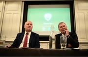 17 November 2021; FAI President Gerry McAnaney, left, and FAI Board Member Packie Bonner at the press launch of the 2021 edition of the Social Return On Investment Model, supported by Uefa Grow on behalf of the FAI, which will highlight the billion Euro plus impact of participation in grassroots football on Irish society, at Buswells Hotel in Dublin. Photo by Stephen McCarthy/Sportsfile