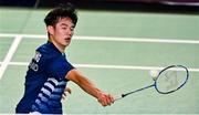 17 November 2021; Matthew Cheung of Ireland in action against Sean Laureta of Ireland  during their men's singles qualification match in the AIG FZ Forza Irish Open 2021 at the National Indoor Arena in Dublin. Photo by Harry Murphy/Sportsfile
