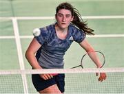 17 November 2021; Laura Comer of Ireland in action against Katelin Ngo during their women's singles qualification match in the AIG FZ Forza Irish Open 2021 at the National Indoor Arena in Dublin. Photo by Harry Murphy/Sportsfile