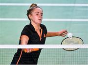 17 November 2021; Sophia Noble of Ireland in action against Sofia Slosiarikova of Slovakia during their women's singles qualification match in the AIG FZ Forza Irish Open 2021 at the National Indoor Arena in Dublin. Photo by Harry Murphy/Sportsfile