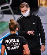 17 November 2021; Ireland high performance director Daniel Magee speaks with Sophia Noble of Ireland during her women's singles qualification match in the AIG FZ Forza Irish Open 2021 at the National Indoor Arena in Dublin. Photo by Harry Murphy/Sportsfile