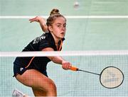 17 November 2021; Sophia Noble of Ireland in action against Sofia Slosiarikova of Slovakia during their women's singles qualification match in the AIG FZ Forza Irish Open 2021 at the National Indoor Arena in Dublin. Photo by Harry Murphy/Sportsfile