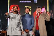 17 November 2021; Demetrius Andrade, left, and Jason Quigley pose with promoter Eddie Hearn after a press conference ahead of their WBO World Middleweight Title fight at the SNHU Arena in Manchester, New Hampshire, USA. Photo by Ed Mullholland / Matchroom Boxing via Sportsfile