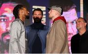 17 November 2021; Demetrius Andrade, left, and Jason Quigley face-off, as promoter Eddie Hearn looks on, after a press conference ahead of their WBO World Middleweight Title fight at the SNHU Arena in Manchester, New Hampshire, USA. Photo by Ed Mullholland / Matchroom Boxing via Sportsfile