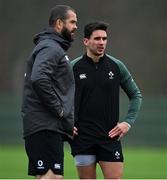 18 November 2021; Joey Carbery, right with head coach Andy Farrell during Ireland rugby squad training at Carton House in Maynooth, Kildare. Photo by Brendan Moran/Sportsfile