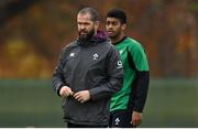 18 November 2021; Head coach Andy Farrell, left, and Robert Baloucoune during Ireland rugby squad training at Carton House in Maynooth, Kildare. Photo by Brendan Moran/Sportsfile