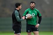 18 November 2021; Robbie Henshaw, right and Joey Carbery during Ireland rugby squad training at Carton House in Maynooth, Kildare. Photo by Brendan Moran/Sportsfile