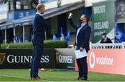 11 June 2021; Leinster Senior Communications & Media Manager Marcus Ó Buachalla record a video of Leinster head coach Leo Cullen before the Guinness PRO14 match between Leinster and Dragons at RDS Arena in Dublin. The game is one of the first of a number of pilot sports events over the coming weeks which are implementing guidelines set out by the Irish government to allow for the safe return of spectators to sporting events. Photo by Brendan Moran/Sportsfile