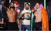 18 November 2021; Jason Quigley, right, and Demetrius Andrade pose with promoter Eddie Hearn, centre, after the weigh-ins ahead of their WBO World Middleweight Title fight at the SNHU Arena in Manchester, New Hampshire, USA. Photo by Ed Mullholland / Matchroom Boxing via Sportsfile