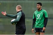18 November 2021; Robert Baloucoune, right, with Keith Earls during Ireland rugby squad training at Carton House in Maynooth, Kildare. Photo by Brendan Moran/Sportsfile
