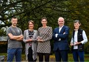 19 November 2021; Expert women's race winners, first place Ellen Vitting, centre, second place Laura O'Driscoll, left, and third place Ger Kelly with Tom Dennigan of Continental Tyres and Adventure Racing Ireland Series Co-Ordinator Padraig O'Connor, left, during the 2021 Continental Tyres National Adventure Race Series Awards at Johnstown House in Enfield, Meath. The winners of the 2021 Continental Tyres National Adventure Race Series have been honoured, after a pandemic-enforced hiatus in 2020. The 12 prize winners in both the male and female series, including expert and sport categories, took part in five of Ireland’s most challenging adventure races to claim a podium finish in this year’s Series. Ellen Vitting of Kerry won the 2021 Expert Women category, while Sebastien Giraud of Dublin triumphed in the Expert Men category. In the Sport category, meanwhile, Niamh Cleary of Meath won the women’s race, with John Mullin of Mayo victorious in the men’s series. The popular adventure race series returned in September this year after being postponed due to the covid pandemic in 2020 and includes two competition categories (expert/sport) for female and male competitors. The top three winners in each category male and female (12 total) each received a mix of fantastic prizes for their efforts including a BestDrive by Continental car tyre voucher, a pair of premium Continental GP5000 road bike tyres and trail shoes with Continental’s rubber soles, ideal for more challenging trail running conditions from adidas footwear. For more on the series and to learn more about adventure racing in Ireland visit, www.adventureracing.ie. Photo by David Fitzgerald/Sportsfile