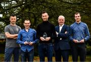 19 November 2021; Expert men's race winners, first place Sebastien Giraud, centre, second place Darren Quinn, left, and third place Johan Muller with Tom Dennigan of Continental Tyres and Adventure Racing Ireland Series Co-Ordinator Padraig O'Connor, left, during the 2021 Continental Tyres National Adventure Race Series Awards at Johnstown House in Enfield, Meath. The winners of the 2021 Continental Tyres National Adventure Race Series have been honoured, after a pandemic-enforced hiatus in 2020. The 12 prize winners in both the male and female series, including expert and sport categories, took part in five of Ireland’s most challenging adventure races to claim a podium finish in this year’s Series. Ellen Vitting of Kerry won the 2021 Expert Women category, while Sebastien Giraud of Dublin triumphed in the Expert Men category. In the Sport category, meanwhile, Niamh Cleary of Meath won the women’s race, with John Mullin of Mayo victorious in the men’s series. The popular adventure race series returned in September this year after being postponed due to the covid pandemic in 2020 and includes two competition categories (expert/sport) for female and male competitors. The top three winners in each category male and female (12 total) each received a mix of fantastic prizes for their efforts including a BestDrive by Continental car tyre voucher, a pair of premium Continental GP5000 road bike tyres and trail shoes with Continental’s rubber soles, ideal for more challenging trail running conditions from adidas footwear. For more on the series and to learn more about adventure racing in Ireland visit, www.adventureracing.ie. Photo by David Fitzgerald/Sportsfile