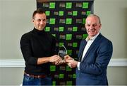 19 November 2021; Expert men's first place finisher Sebastien Giraud with Tom Dennigan of Continental Tyres, right, during the 2021 Continental Tyres National Adventure Race Series Awards at Johnstown House in Enfield, Meath. The winners of the 2021 Continental Tyres National Adventure Race Series have been honoured, after a pandemic-enforced hiatus in 2020. The 12 prize winners in both the male and female series, including expert and sport categories, took part in five of Ireland’s most challenging adventure races to claim a podium finish in this year’s Series. Ellen Vitting of Kerry won the 2021 Expert Women category, while Sebastien Giraud of Dublin triumphed in the Expert Men category. In the Sport category, meanwhile, Niamh Cleary of Meath won the women’s race, with John Mullin of Mayo victorious in the men’s series. The popular adventure race series returned in September this year after being postponed due to the covid pandemic in 2020 and includes two competition categories (expert/sport) for female and male competitors. The top three winners in each category male and female (12 total) each received a mix of fantastic prizes for their efforts including a BestDrive by Continental car tyre voucher, a pair of premium Continental GP5000 road bike tyres and trail shoes with Continental’s rubber soles, ideal for more challenging trail running conditions from adidas footwear. For more on the series and to learn more about adventure racing in Ireland visit, www.adventureracing.ie. Photo by David Fitzgerald/Sportsfile