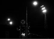 19 November 2021; (EDITORS NOTE: Image has been shot in black and white. Color version not available.) A general view of floodlights and street lights from outside the ground before the SSE Airtricity League First Division Play-Off Final match between Bray Wanderers and UCD at Dalymount Park in Dublin. Photo by Piaras Ó Mídheach/Sportsfile