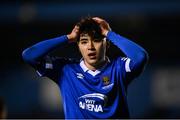 19 November 2021; Phoenix Patterson of Waterford reacts during the SSE Airtricity League Premier Division match between Waterford and St Patrick's Athletic at the RSC in Waterford. Photo by Eóin Noonan/Sportsfile