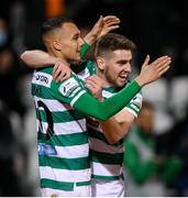 19 November 2021; Graham Burke of Shamrock Rovers celebrates after scoring his side's first goal with Dylan Watts, right, during the SSE Airtricity League Premier Division match between Shamrock Rovers and Drogheda United at Tallaght Stadium in Dublin. Photo by Stephen McCarthy/Sportsfile