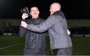 19 November 2021; Former Dundalk, and current Linfield player, Chris Shields, right, presents the Dundalk Goal of the Season award to outgoing Dundalk player Patrick McEleney at half-time of the SSE Airtricity League Premier Division match between Dundalk and Derry City at Oriel Park in Dundalk, Louth. Photo by Ben McShane/Sportsfile