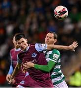 19 November 2021; Dinny Corcoran of Drogheda United in action against Chris McCann of Shamrock Rovers during the SSE Airtricity League Premier Division match between Shamrock Rovers and Drogheda United at Tallaght Stadium in Dublin. Photo by Seb Daly/Sportsfile