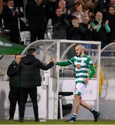 19 November 2021; Joey O'Brien of Shamrock Rovers is congratulated by Shamrock Rovers manager Stephen Bradley after being substituted during the SSE Airtricity League Premier Division match between Shamrock Rovers and Drogheda United at Tallaght Stadium in Dublin. Photo by Stephen McCarthy/Sportsfile