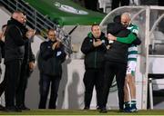 19 November 2021; Joey O'Brien of Shamrock Rovers is congratulated by Shamrock Rovers manager Stephen Bradley after being substituted during the SSE Airtricity League Premier Division match between Shamrock Rovers and Drogheda United at Tallaght Stadium in Dublin. Photo by Stephen McCarthy/Sportsfile
