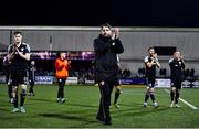19 November 2021; Derry City manager Ruaidhri Higgins applauds the travelling supporters after his side's victory in the SSE Airtricity League Premier Division match between Dundalk and Derry City at Oriel Park in Dundalk, Louth. Photo by Ben McShane/Sportsfile