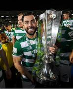 19 November 2021; Richie Towell of Shamrock Rovers celebrates with the SSE Airtricity League Premier Division trophy after their match against Drogheda United at Tallaght Stadium in Dublin. Photo by Stephen McCarthy/Sportsfile