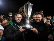 19 November 2021; Shamrock Rovers manager Stephen Bradley, right, and sporting director Stephen McPhail with the SSE Airtricity League Premier Division trophy after the SSE Airtricity League Premier Division match between Shamrock Rovers and Drogheda United at Tallaght Stadium in Dublin. Photo by Stephen McCarthy/Sportsfile