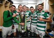 19 November 2021; Shamrock Rovers players, from left, Danny Mandroiu, Chris McCann, Gary O'Neill, Dylan Watts, and Roberto Lopes with the SSE Airtricity League Premier Division trophy after their match against Drogheda United at Tallaght Stadium in Dublin. Photo by Stephen McCarthy/Sportsfile