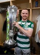 19 November 2021; Sean Hoare of Shamrock Rovers celebrates with the SSE Airtricity League Premier Division trophy after their match against Drogheda United at Tallaght Stadium in Dublin. Photo by Stephen McCarthy/Sportsfile
