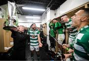 19 November 2021; Shamrock Rovers coach Glenn Cronin, with the SSE Airtricity League Premier Division trophy, and players, from left, Roberto Lopes, Danny Mandroiu, Gary O'Neill and Graham Burke, celebrate after the SSE Airtricity League Premier Division match between Shamrock Rovers and Drogheda United at Tallaght Stadium in Dublin. Photo by Stephen McCarthy/Sportsfile