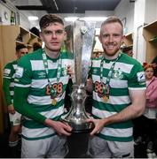 19 November 2021; Sean Gannon, left, and Sean Hoare of Shamrock Rovers with the SSE Airtricity League Premier Division trophy after their match against Drogheda United at Tallaght Stadium in Dublin. Photo by Stephen McCarthy/Sportsfile