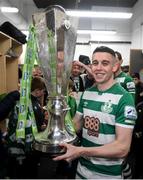 19 November 2021; Gary O'Neill of Shamrock Rovers celebrates with the SSE Airtricity League Premier Division trophy after their match against Drogheda United at Tallaght Stadium in Dublin. Photo by Stephen McCarthy/Sportsfile