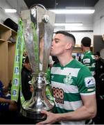 19 November 2021; Gary O'Neill of Shamrock Rovers celebrates with the SSE Airtricity League Premier Division trophy after their match against Drogheda United at Tallaght Stadium in Dublin. Photo by Stephen McCarthy/Sportsfile