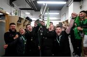 19 November 2021; The Shamrock Rovers coaching group, from left, sporting director Stephen McPhail, goalkeeping coach Jose Ferrer, manager Stephen Bradley, coach Glenn Cronin and strength & conditioning coach Darren Dillon with the SSE Airtricity League Premier Division trophy after their match against Drogheda United at Tallaght Stadium in Dublin. Photo by Stephen McCarthy/Sportsfile