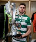 19 November 2021; Dylan Watts of Shamrock Rovers celebrates with the SSE Airtricity League Premier Division trophy after their match against Drogheda United at Tallaght Stadium in Dublin. Photo by Stephen McCarthy/Sportsfile