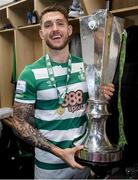 19 November 2021; Lee Grace of Shamrock Rovers celebrates with the SSE Airtricity League Premier Division trophy after their match against Drogheda United at Tallaght Stadium in Dublin. Photo by Stephen McCarthy/Sportsfile