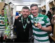 19 November 2021; Shamrock Rovers strength and conditioning coach Darren Dillon, left, and captain Ronan Finn with the SSE Airtricity League Premier Division trophy after their match against Drogheda United at Tallaght Stadium in Dublin. Photo by Stephen McCarthy/Sportsfile