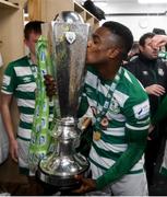 19 November 2021; Aidomo Emakhu of Shamrock Rovers celebrates with the SSE Airtricity League Premier Division trophy after their match against Drogheda United at Tallaght Stadium in Dublin. Photo by Stephen McCarthy/Sportsfile