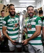 19 November 2021; Barry Cotter, left, and Roberto Lopes of Shamrock Rovers with the SSE Airtricity League Premier Division trophy after their match against Drogheda United at Tallaght Stadium in Dublin. Photo by Stephen McCarthy/Sportsfile