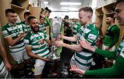 19 November 2021; Barry Cotter, left, and Sean Hoare of Shamrock Rovers with the SSE Airtricity League Premier Division trophy after their match against Drogheda United at Tallaght Stadium in Dublin. Photo by Stephen McCarthy/Sportsfile